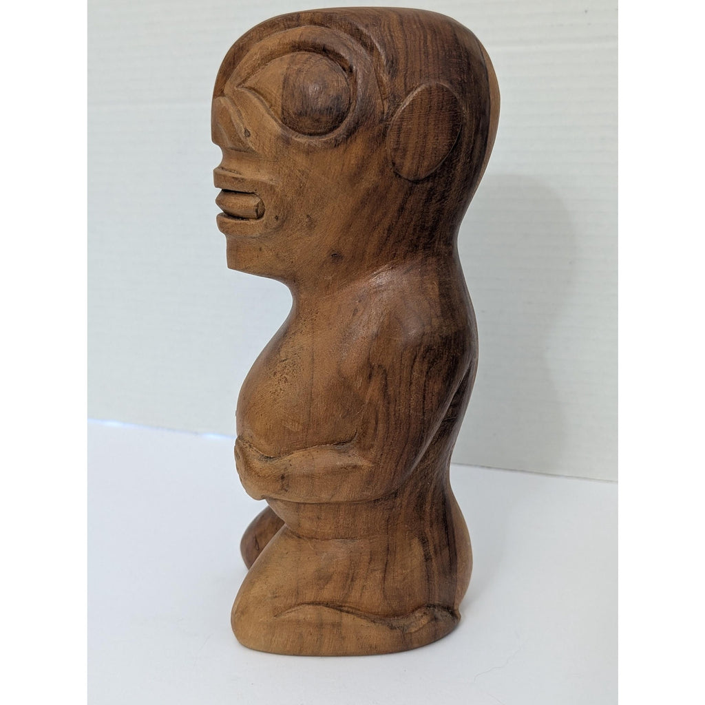 Vintage Hand Carved Two Tone Wood Kneeling Tiki Figurine Polynesian Tribal Art