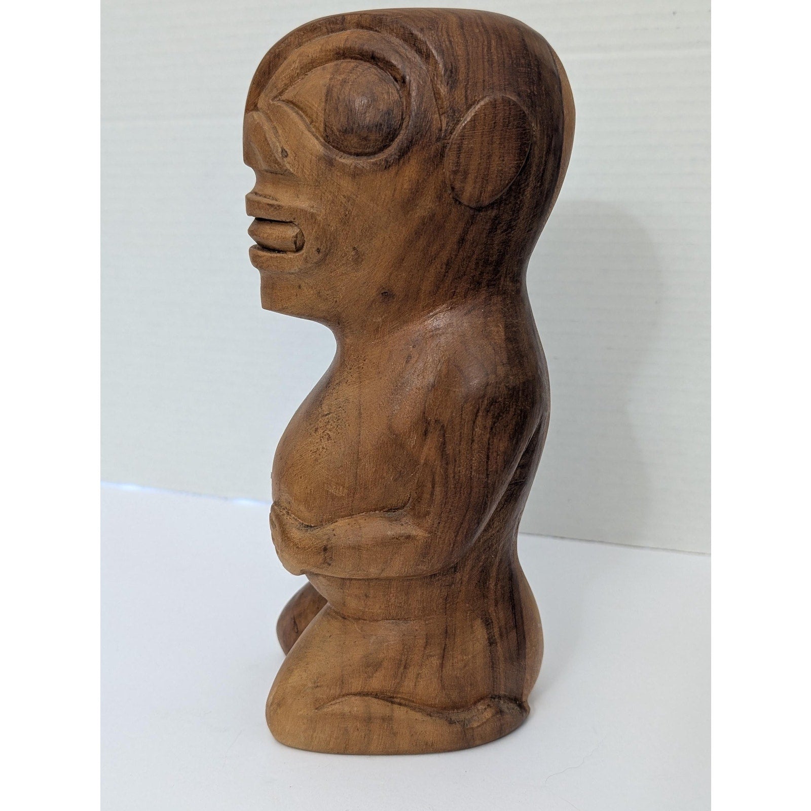 Vintage Hand Carved Two Tone Wood Kneeling Tiki Figurine Polynesian Tribal Art