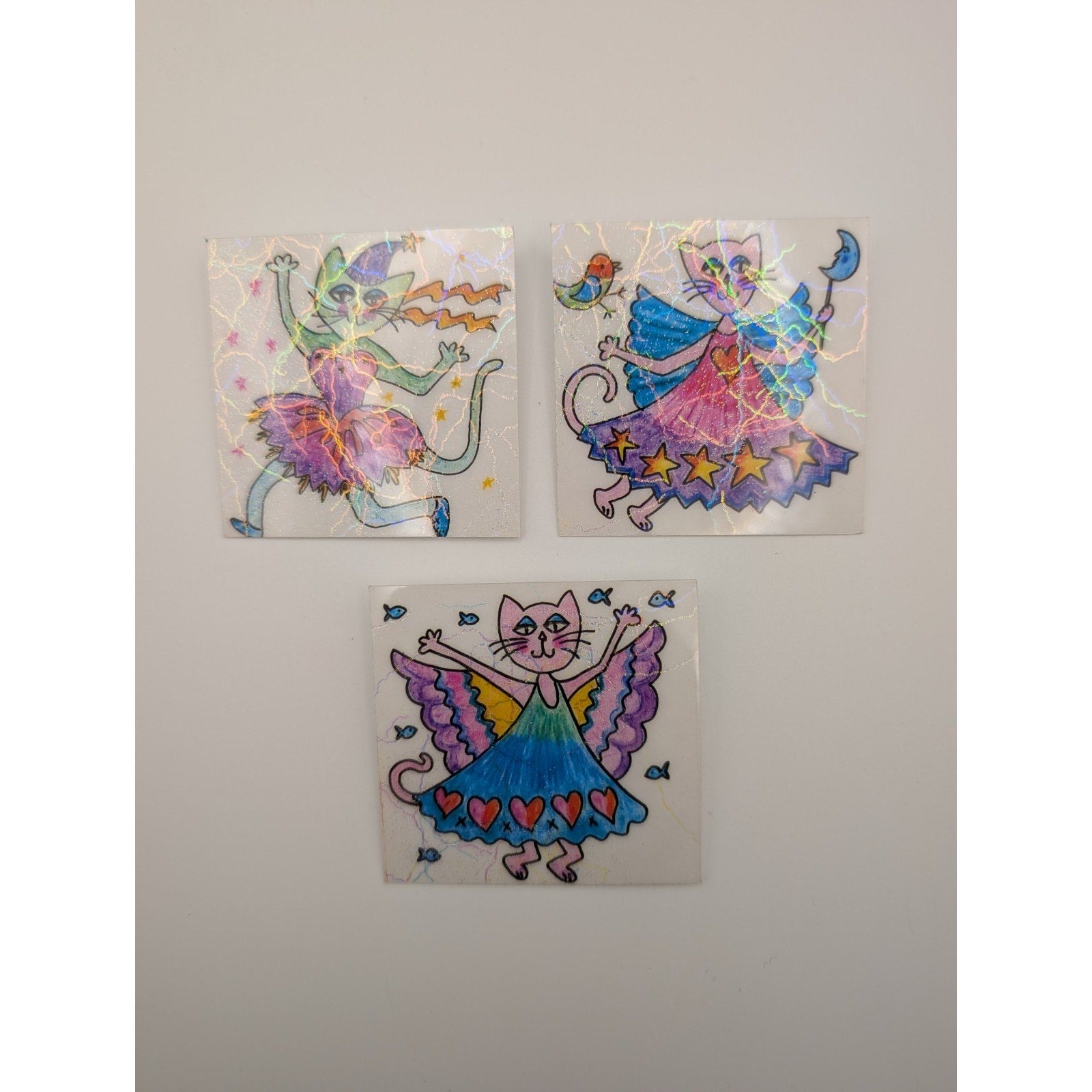 Set of 3 Vintage Holographic Whimsical Fairy Cat Pins