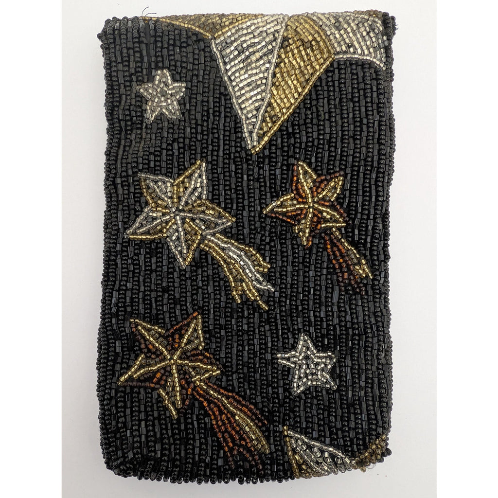 Vintage Neiman Marcus Beaded Eyeglass Case Black Silver Gold Shooting Stars Sunglasses Holder