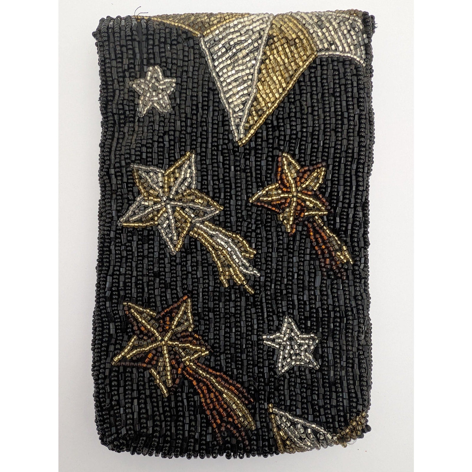 Vintage Neiman Marcus Beaded Eyeglass Case Black Silver Gold Shooting Stars Sunglasses Holder