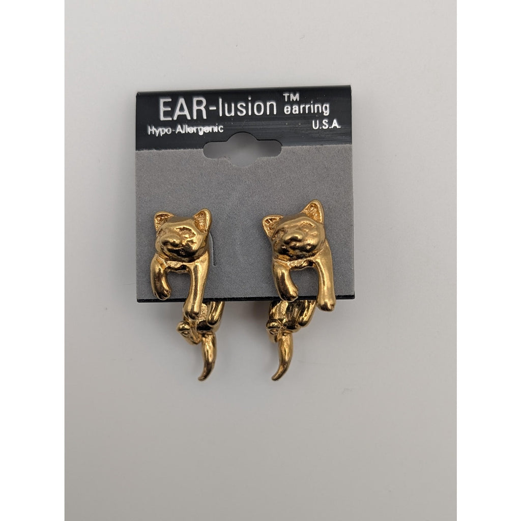 Vintage Gold Cat EAR-lusion Earrings - Whimsical Front and Back Illusion Studs