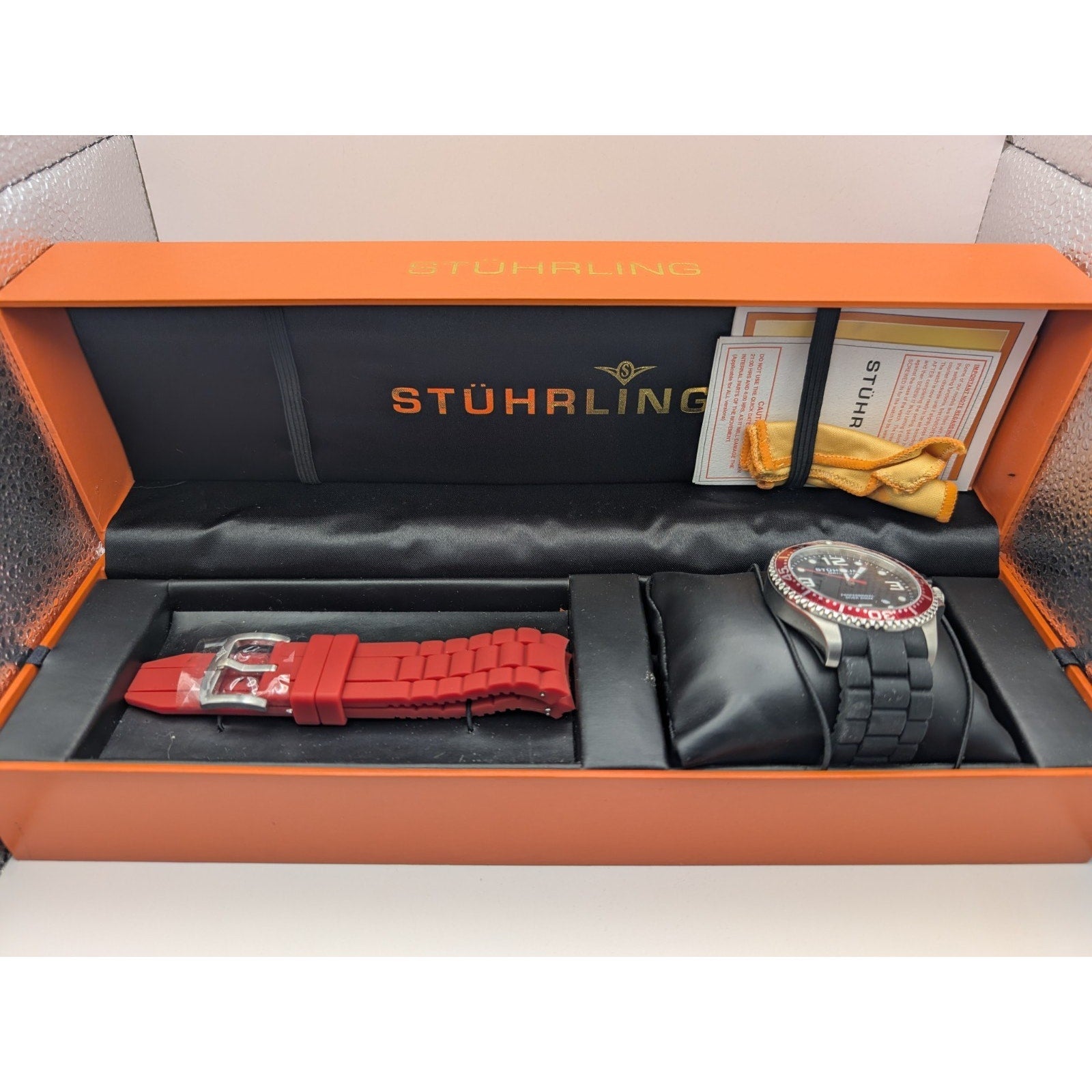 Stührling Original Professional Diver 200M Watch Swiss Quartz Red Bezel New