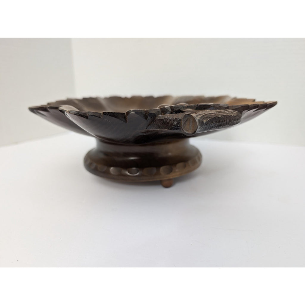 Vintage Swiss Musical Fruit Bowl Raeber Muller Hand Carved Grape Leaf Wood Art