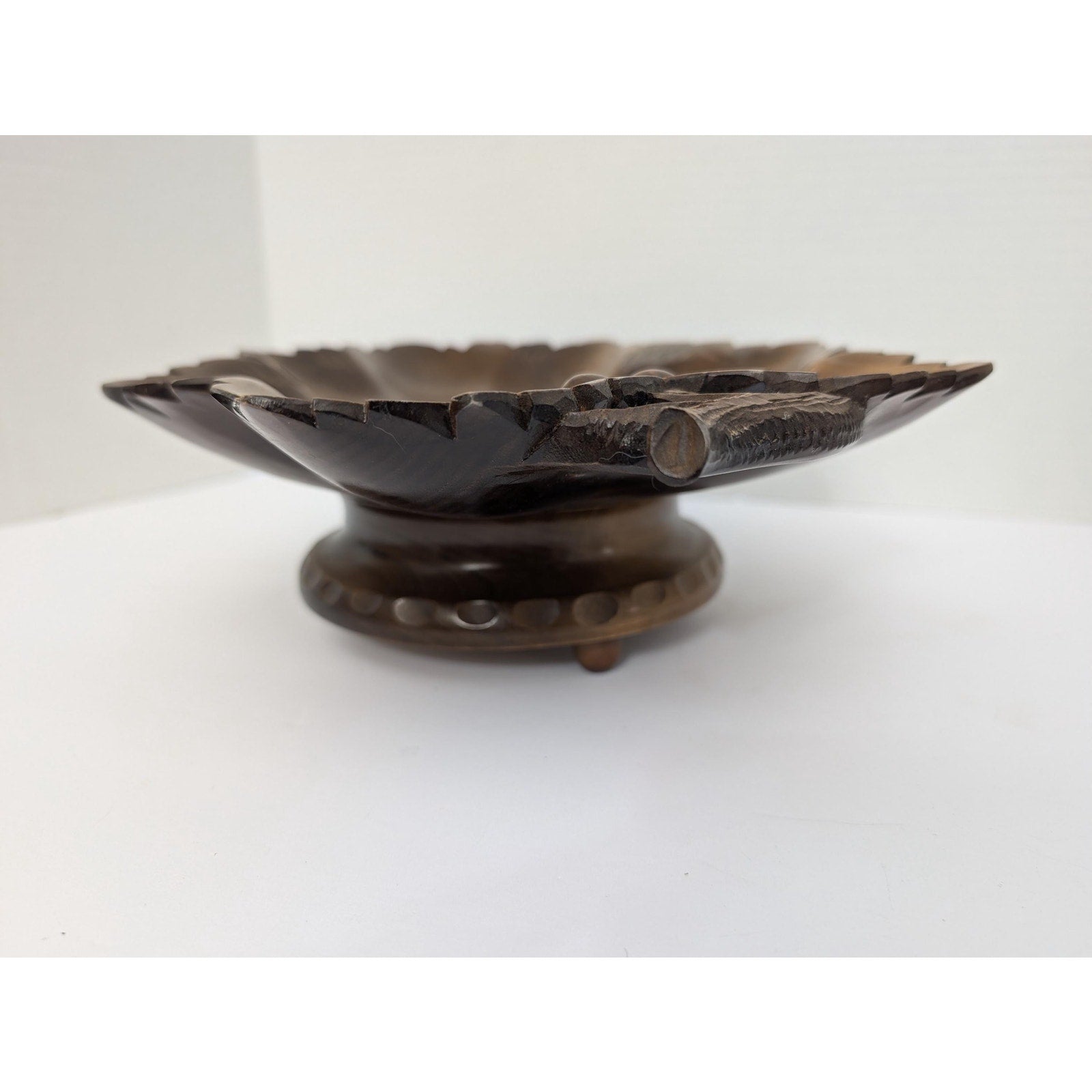 Vintage Swiss Musical Fruit Bowl Raeber Muller Hand Carved Grape Leaf Wood Art