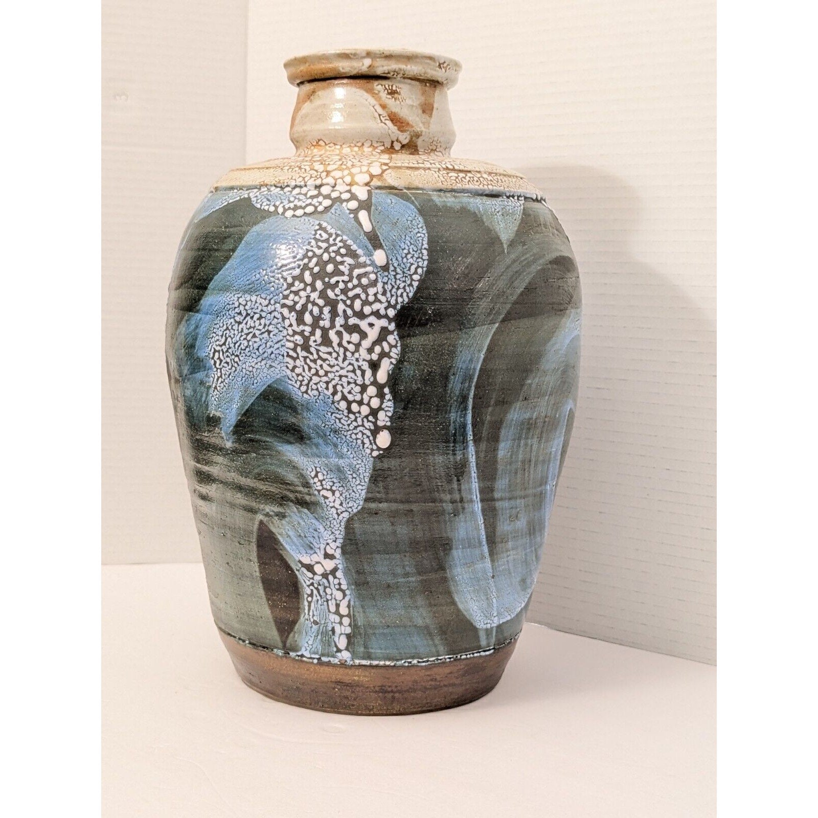 Amazing Drip Glazed Blue Tan Signed Studio Pottery Large Vase