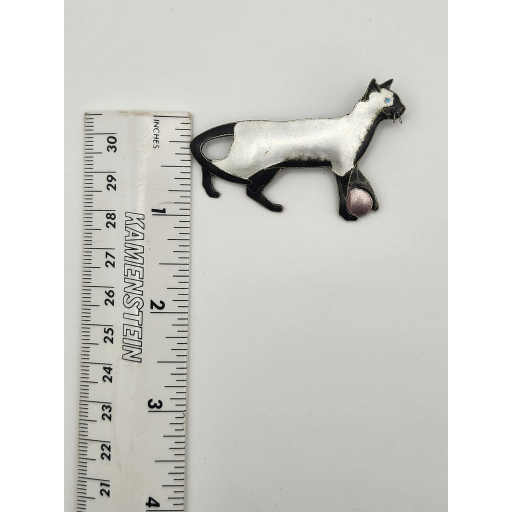 Vintage Metal Siamese Cat Playing Ball Enamel Brooch Pin Walking Feline