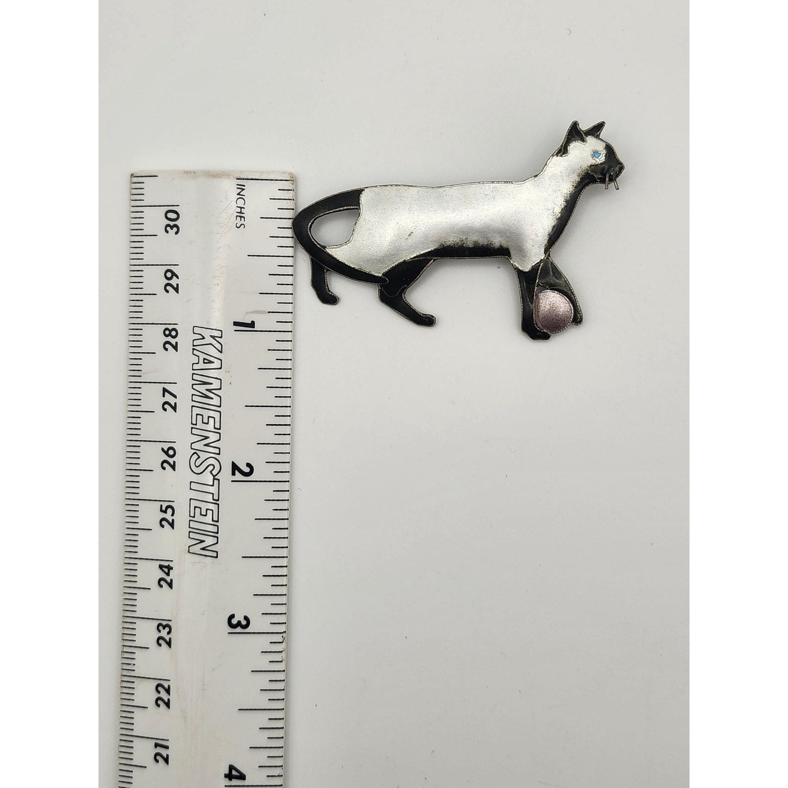 Vintage Metal Siamese Cat Playing Ball Enamel Brooch Pin Walking Feline