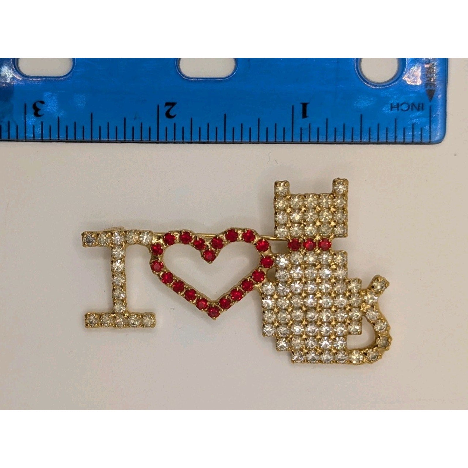 Vintage Dorothy Bauer Signed Rhinestone "I Love Cats" Gold Tone Brooch