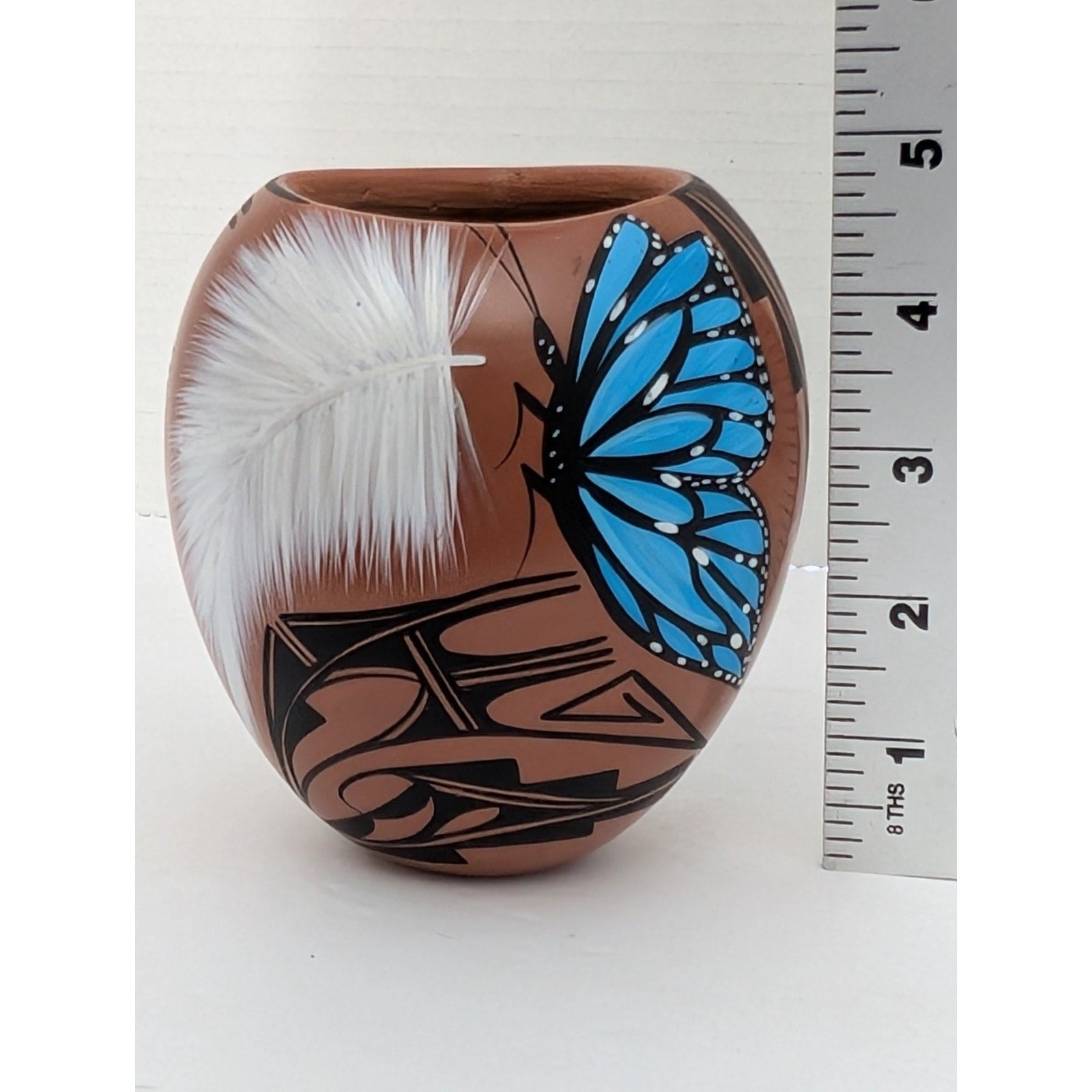 Jemez Pueblo Pottery Vase Blue Butterfly Feather MT Chinana Hand Painted Native