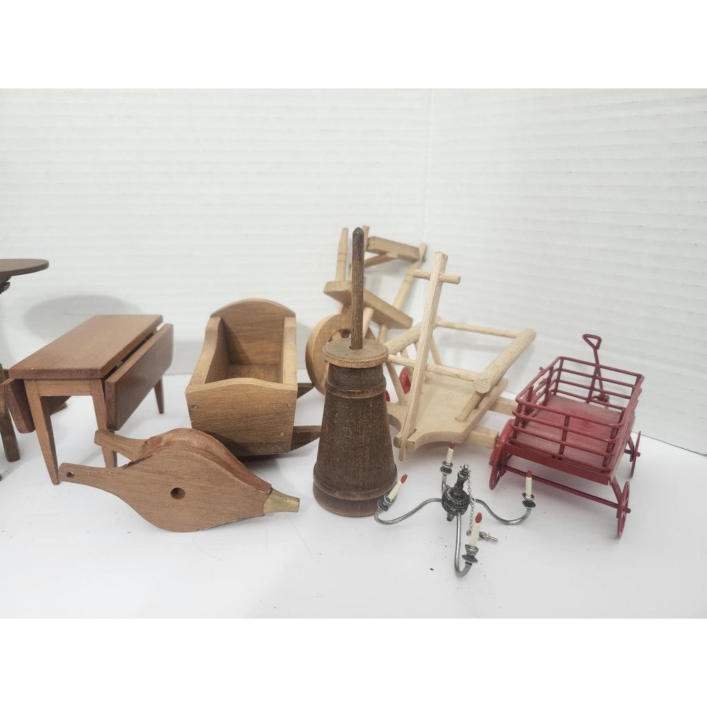 Vintage Miniature Dollhouse Furniture Lot Wood and Metal Pieces Sleigh Churn