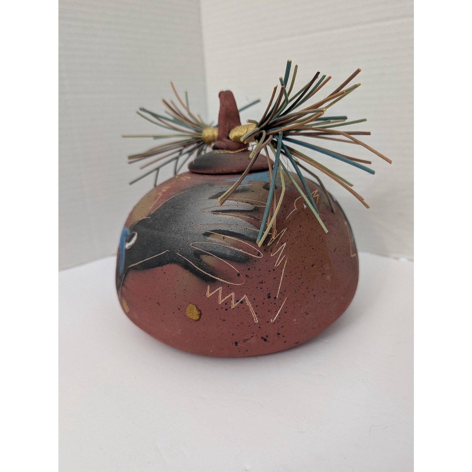 Laura Ross Studio Pottery Lidded Vessel Pine Needle Lid Raven Bird Motif Mixed Media Ceramic Jar Signed Art Pottery Southwest Decor