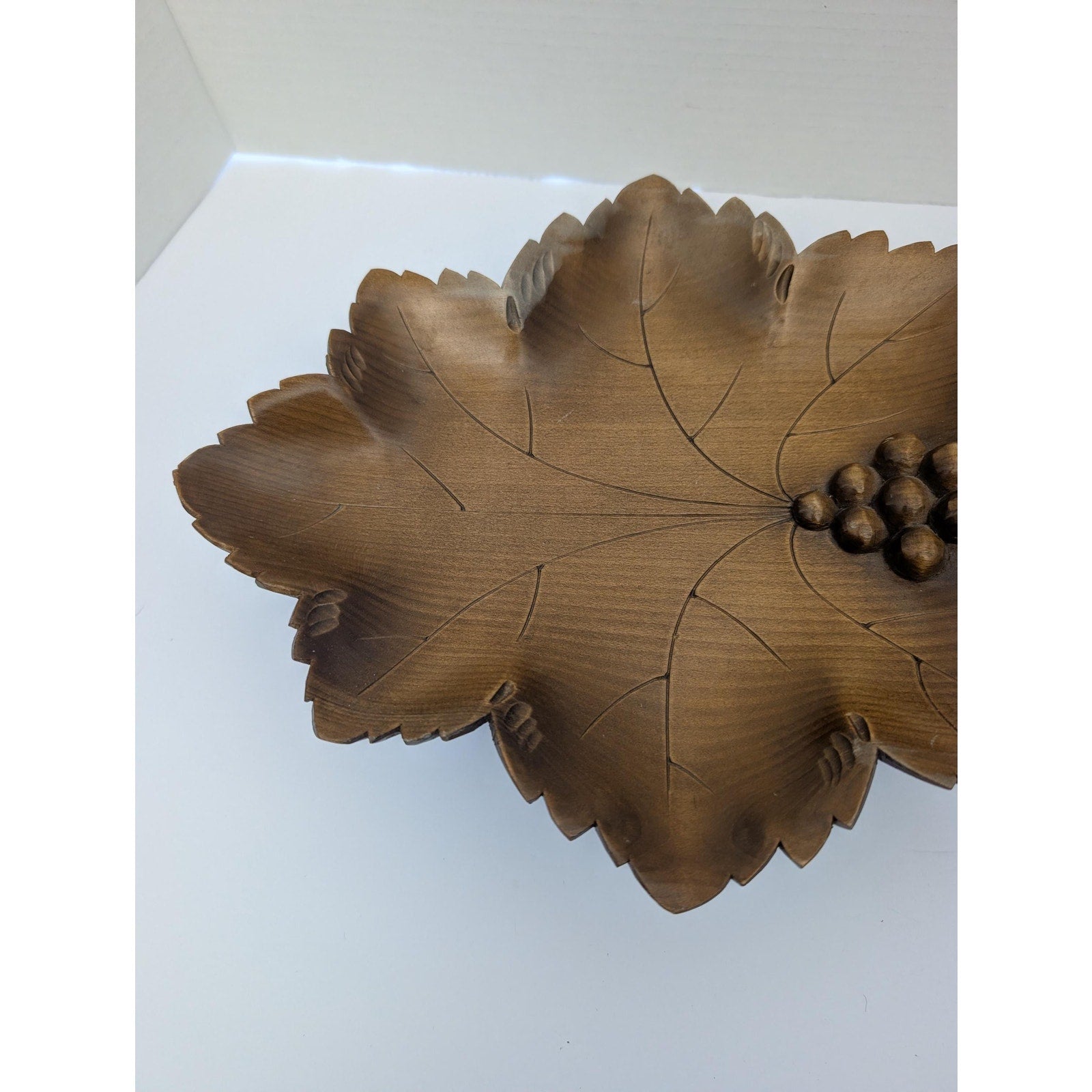 Vintage Swiss Musical Fruit Bowl Raeber Muller Hand Carved Grape Leaf Wood Art