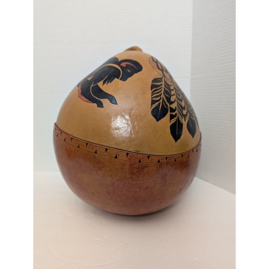 Very Large Native American Hand Painted Gourd Feathers And Buffalo Design