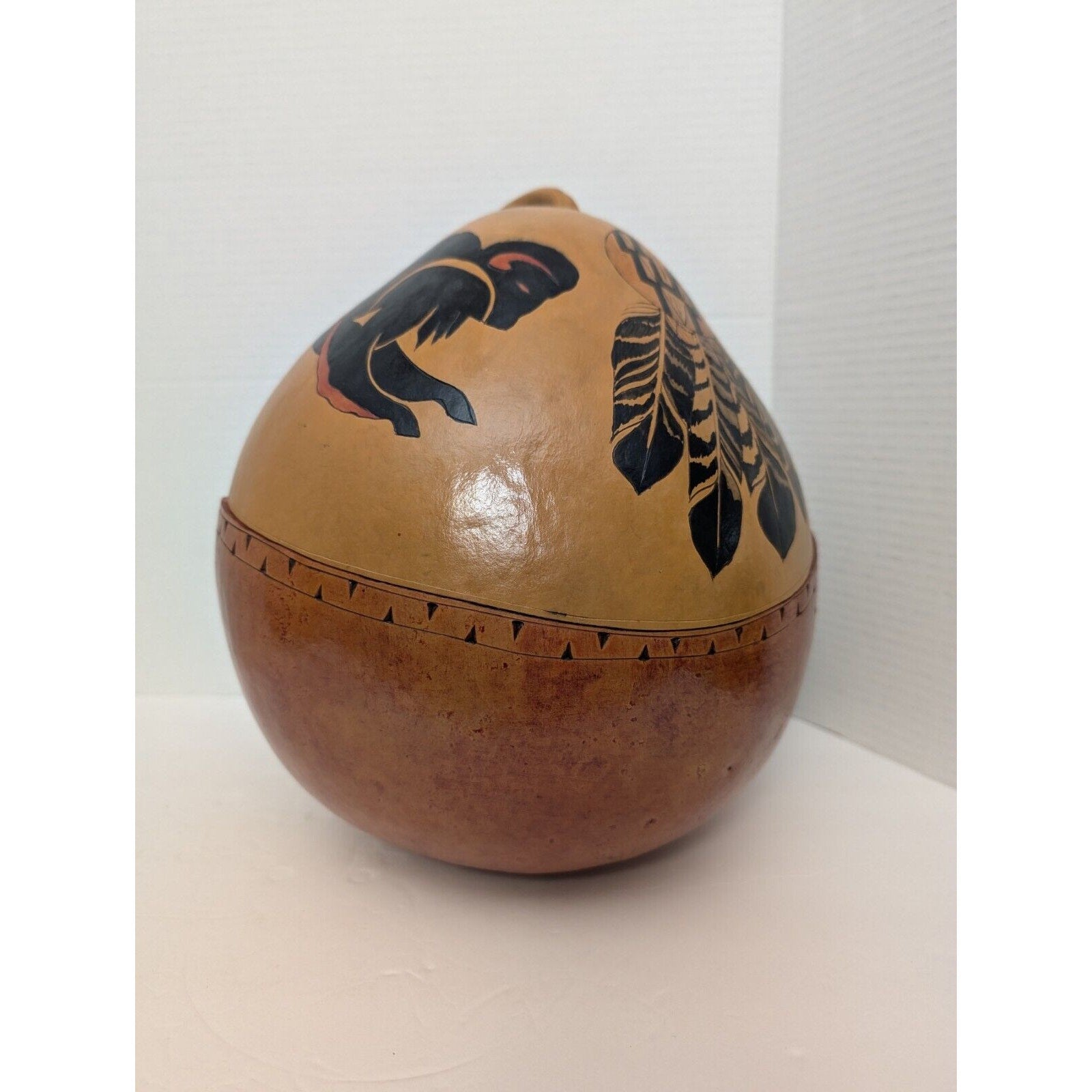 Very Large Native American Hand Painted Gourd Feathers And Buffalo Design