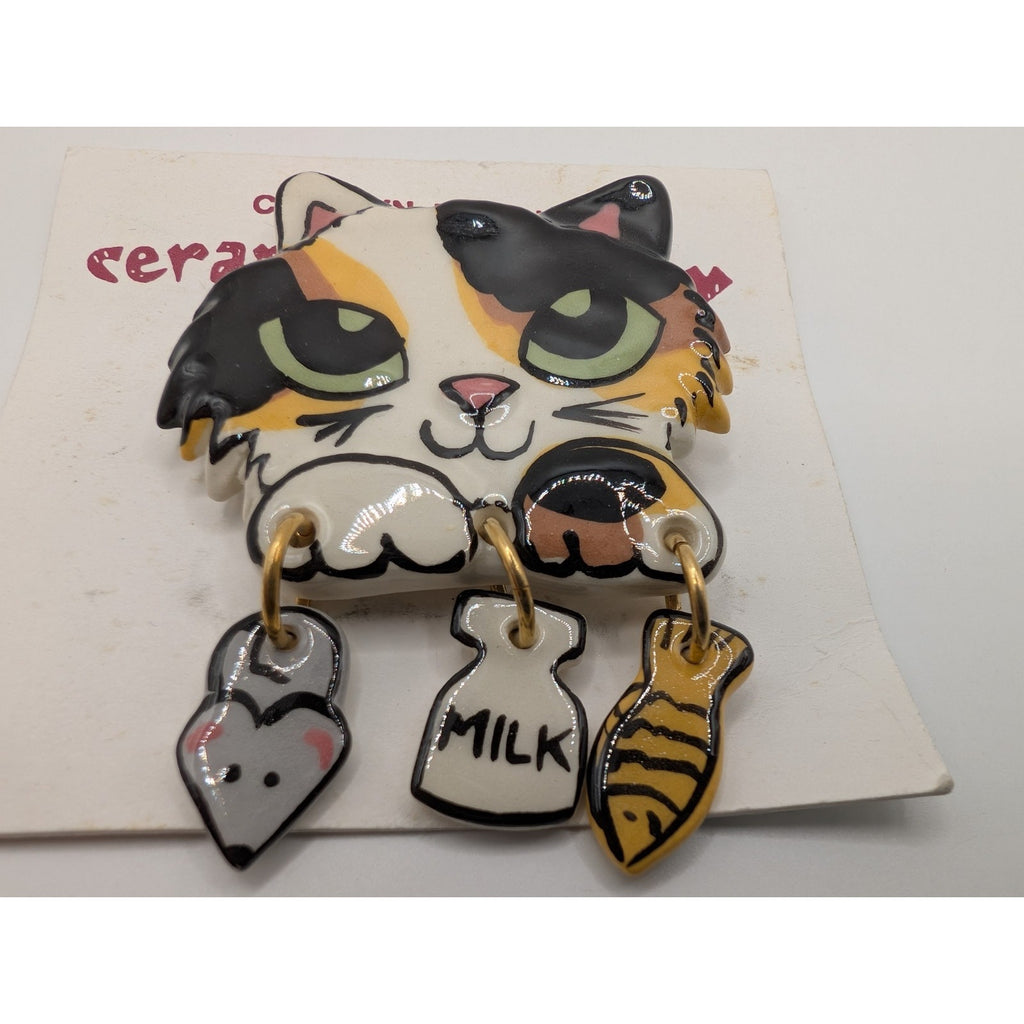 Signed Carolyn Edlund Handcrafted Ceramic Calico Cat Brooch with Dangles