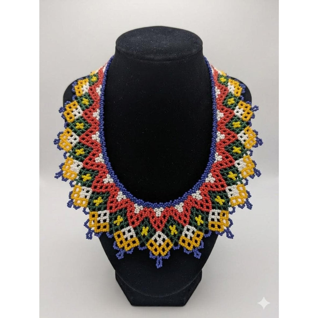 Vintage Indigenous Beaded Collar Necklace Vibrant Geometric Seed Bead Statement Piece