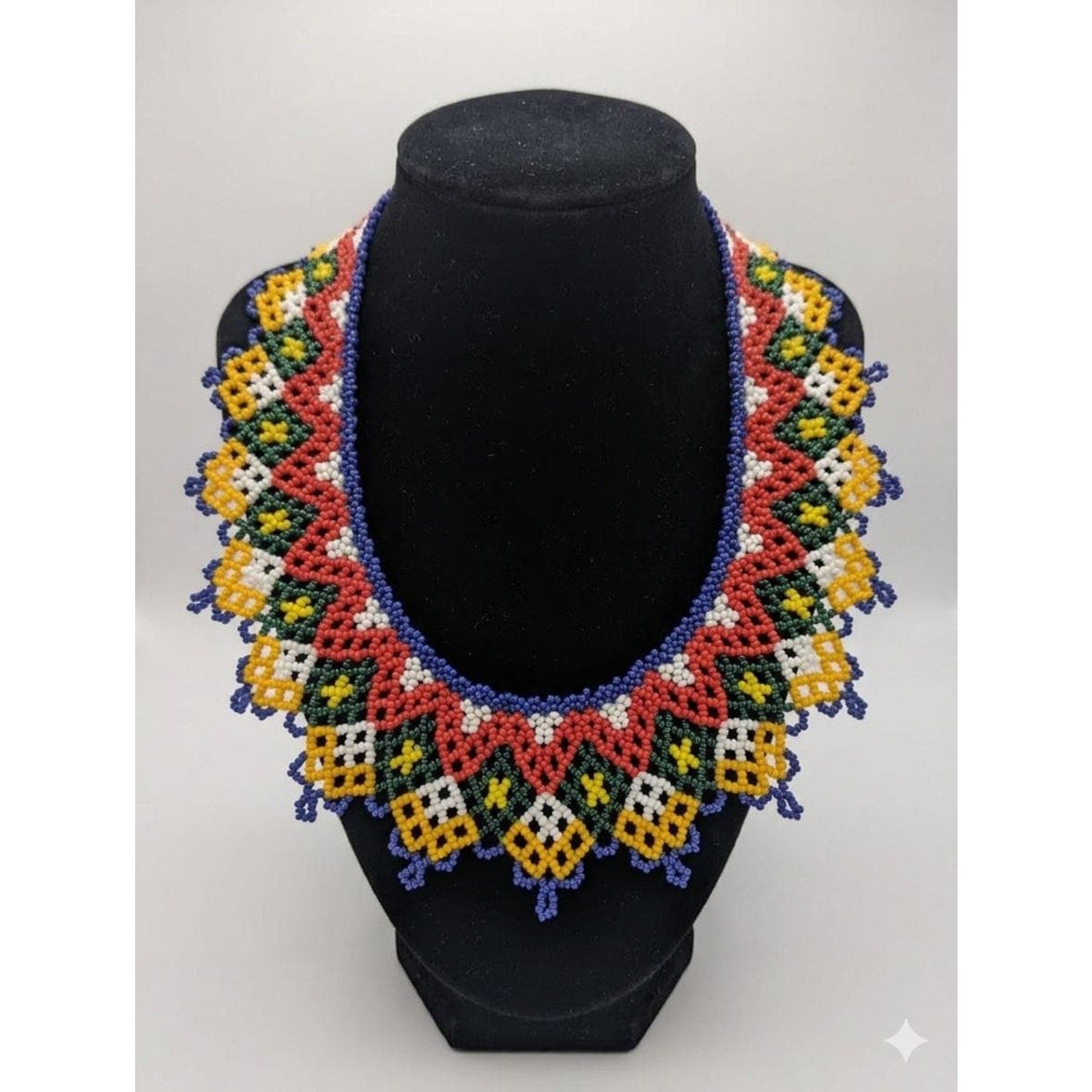 Vintage Indigenous Beaded Collar Necklace Vibrant Geometric Seed Bead Statement Piece