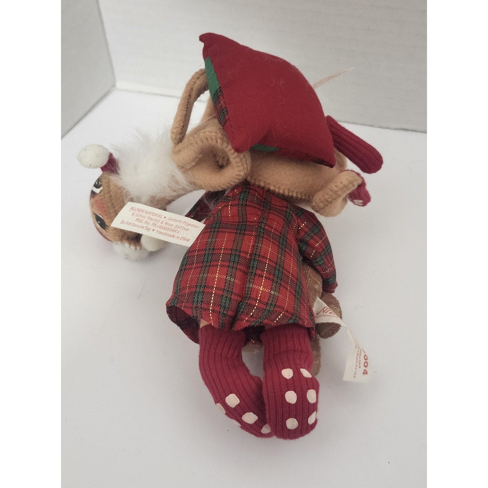 Vintage 2004 Annalee Mobilitee Christmas Plaid Santa with Deer Teddy Bear Doll