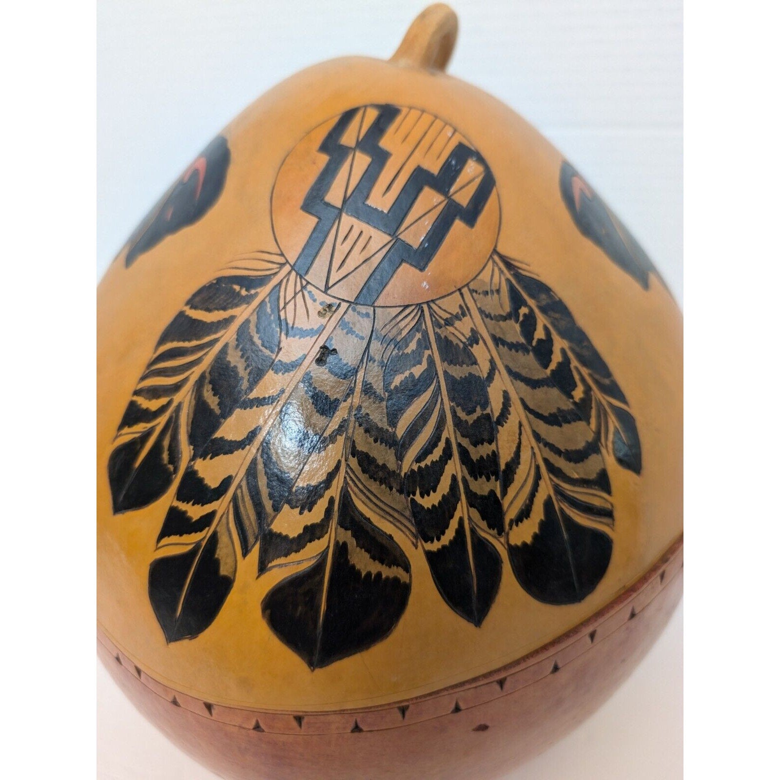 Very Large Native American Hand Painted Gourd Feathers And Buffalo Design