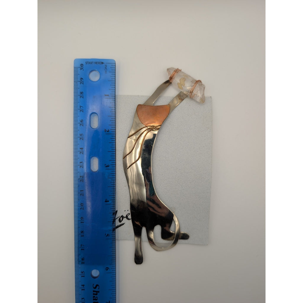 Signed Zoë Artisan Mixed Metal Cat Brooch with Quartz Crystal Point