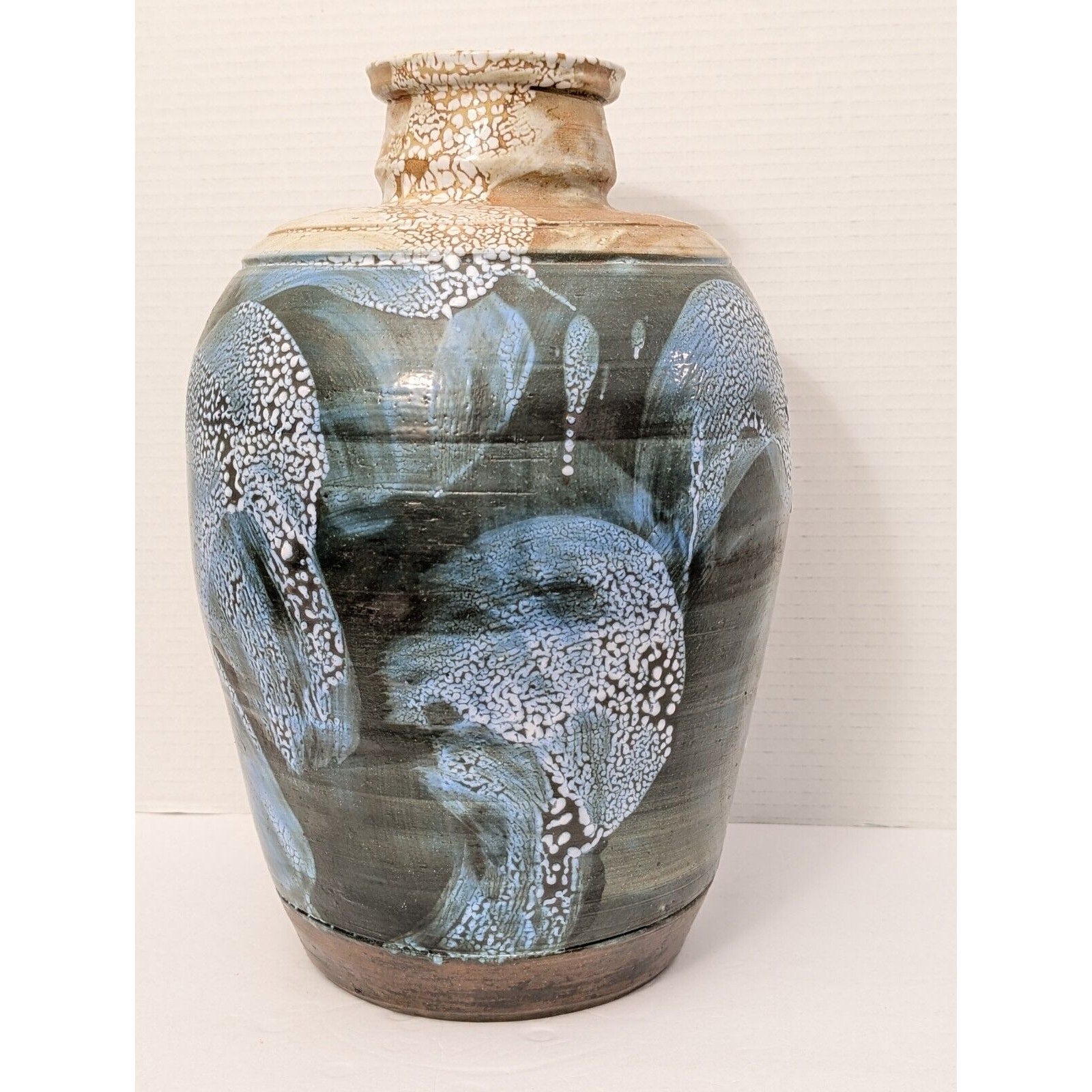 Amazing Drip Glazed Blue Tan Signed Studio Pottery Large Vase