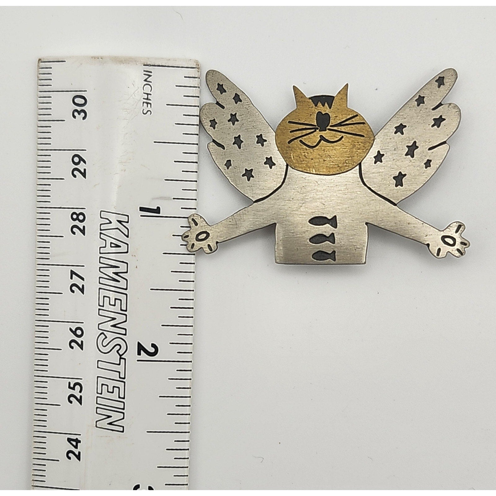 Vintage Mixed Metal Angel Cat Brooch Pin Brass Silver Tone Star Wings Whimsical