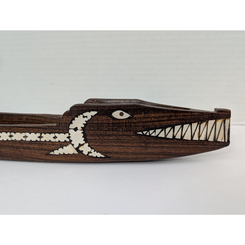 Hand-Carved Solomon Islands Tribal Spirit Boat Rosewood with Shell Inlay Crocodile/Sea Spirit Motif