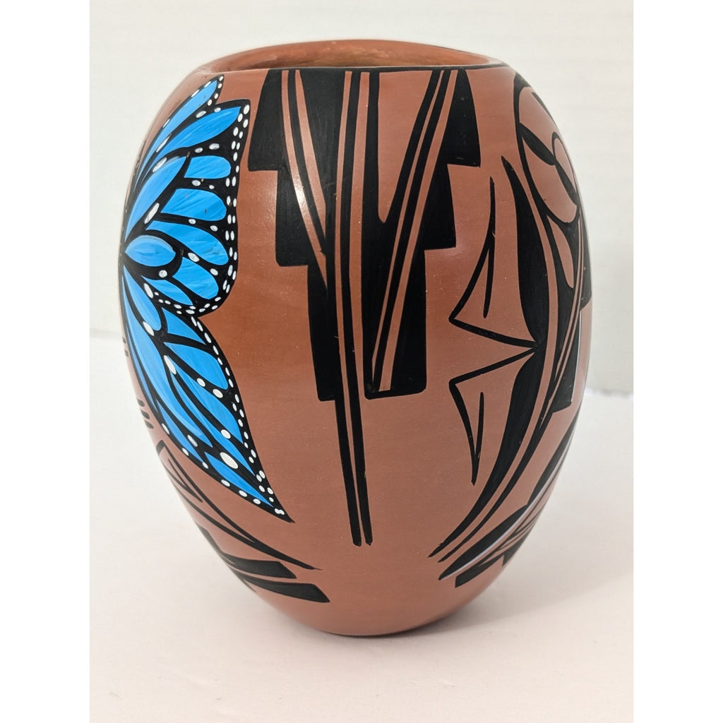 Jemez Pueblo Pottery Vase Blue Butterfly Feather MT Chinana Hand Painted Native