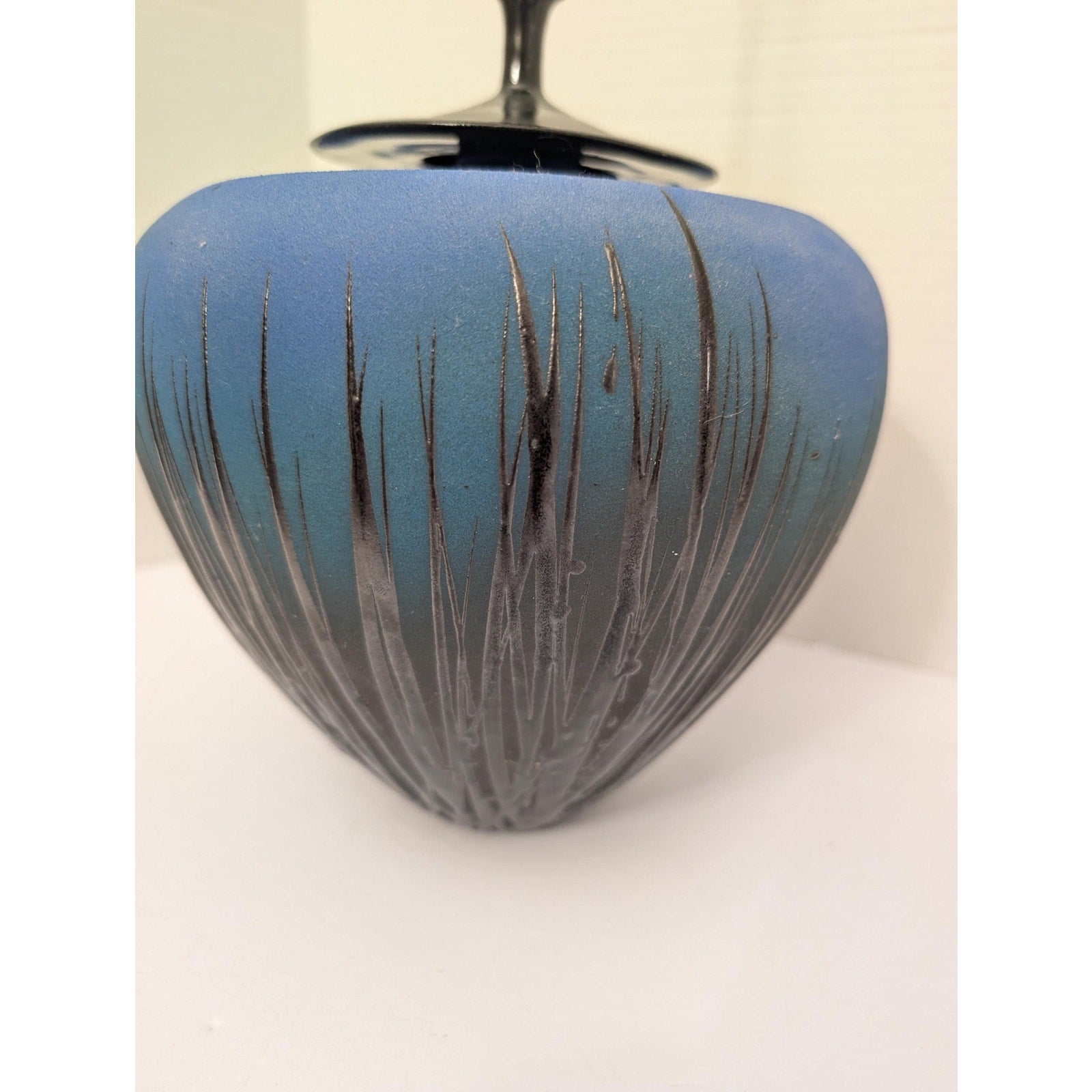Modernist Studio Art Pottery Lidded Vessel Ombre Blue Sgraffito Grass Tall Spire Finial Signed