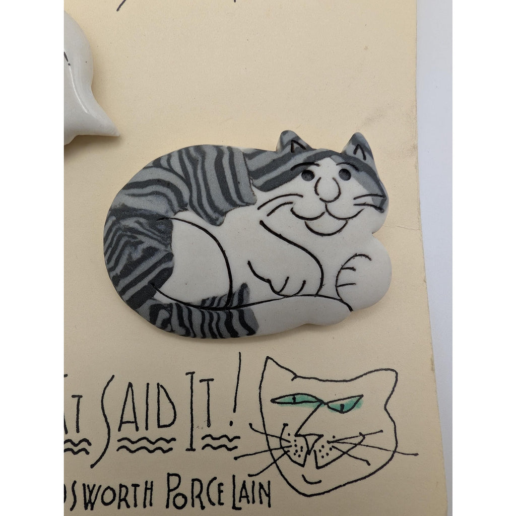 Vintage Jude Holdsworth Porcelain Cat Pin Set Finicky and Proud Brooch with Speech Bubble