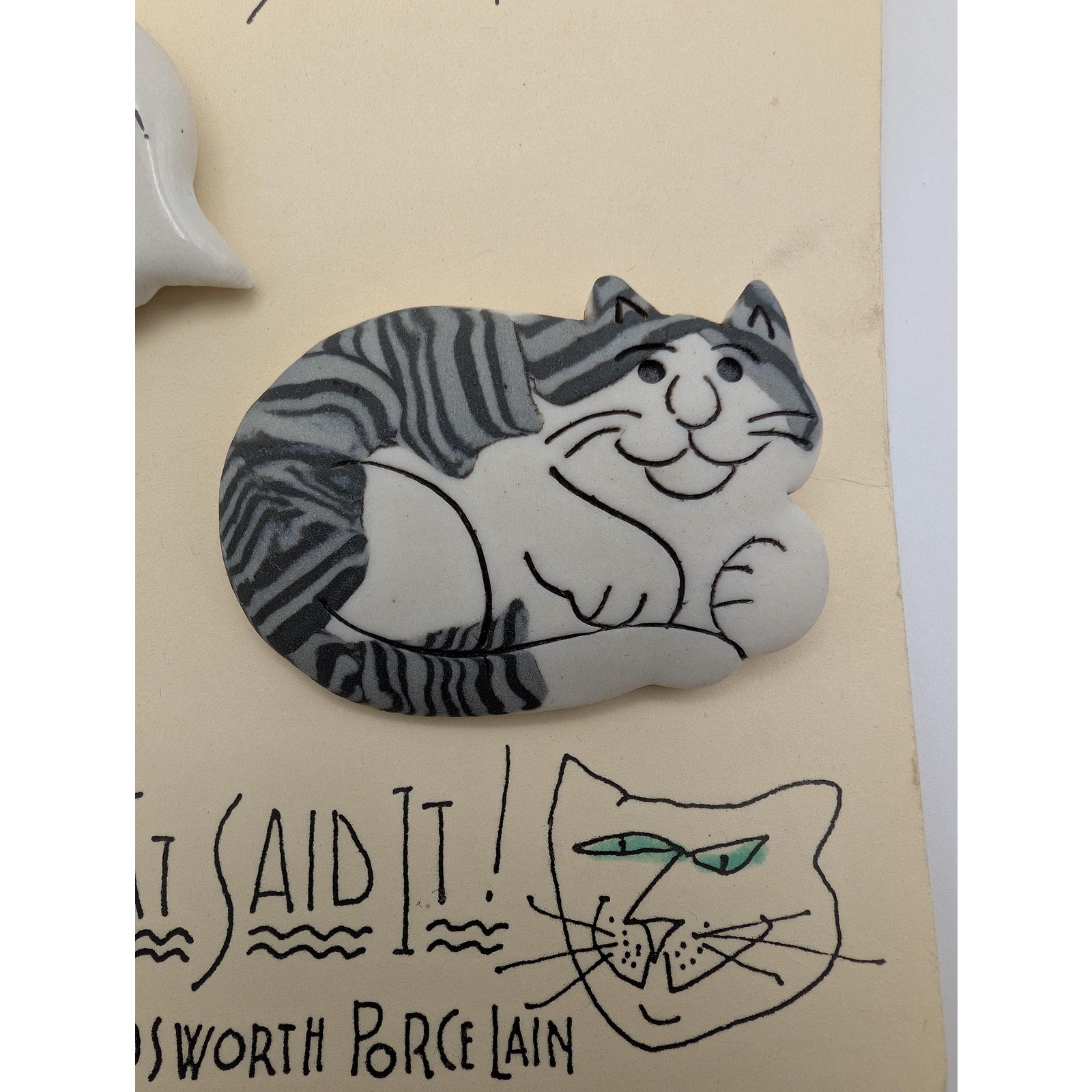 Vintage Jude Holdsworth Porcelain Cat Pin Set Finicky and Proud Brooch with Speech Bubble