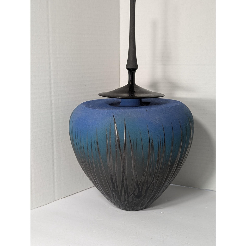 Modernist Studio Art Pottery Lidded Vessel Ombre Blue Sgraffito Grass Tall Spire Finial Signed