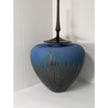 Modernist Studio Art Pottery Lidded Vessel Ombre Blue Sgraffito Grass Tall Spire Finial Signed