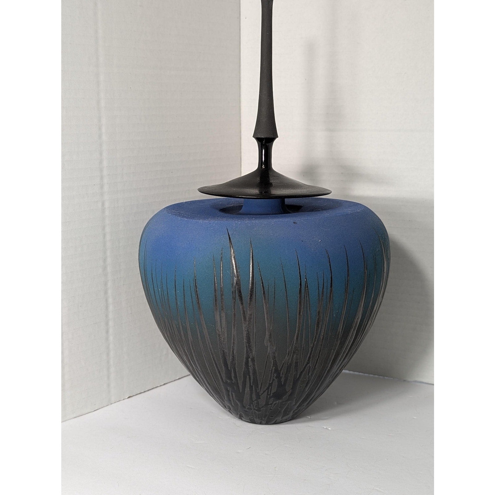 Modernist Studio Art Pottery Lidded Vessel Ombre Blue Sgraffito Grass Tall Spire Finial Signed