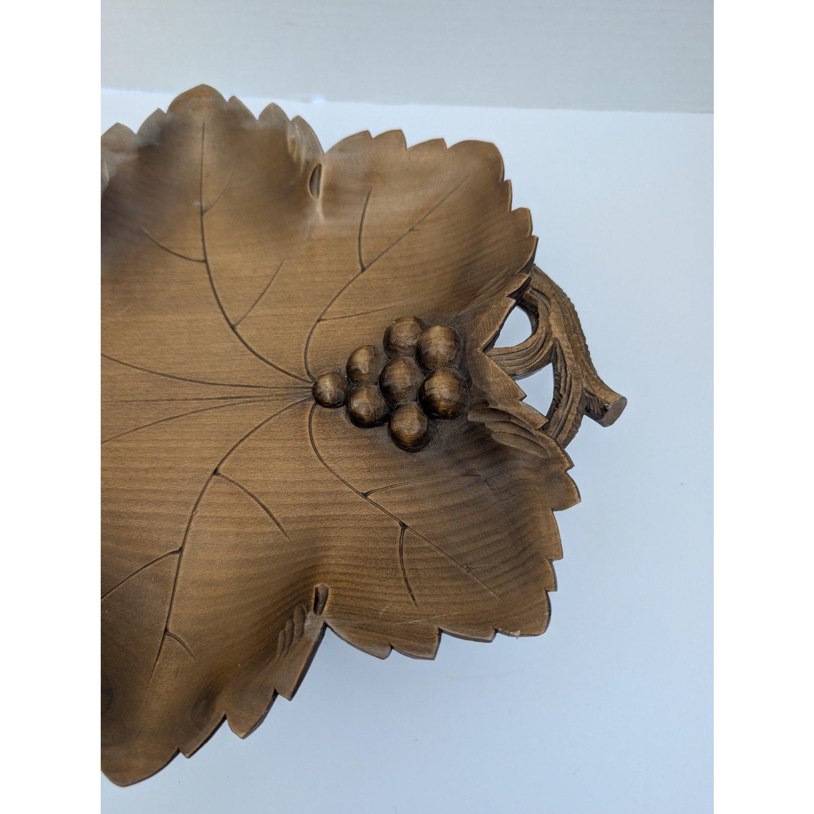 Vintage Swiss Musical Fruit Bowl Raeber Muller Hand Carved Grape Leaf Wood Art