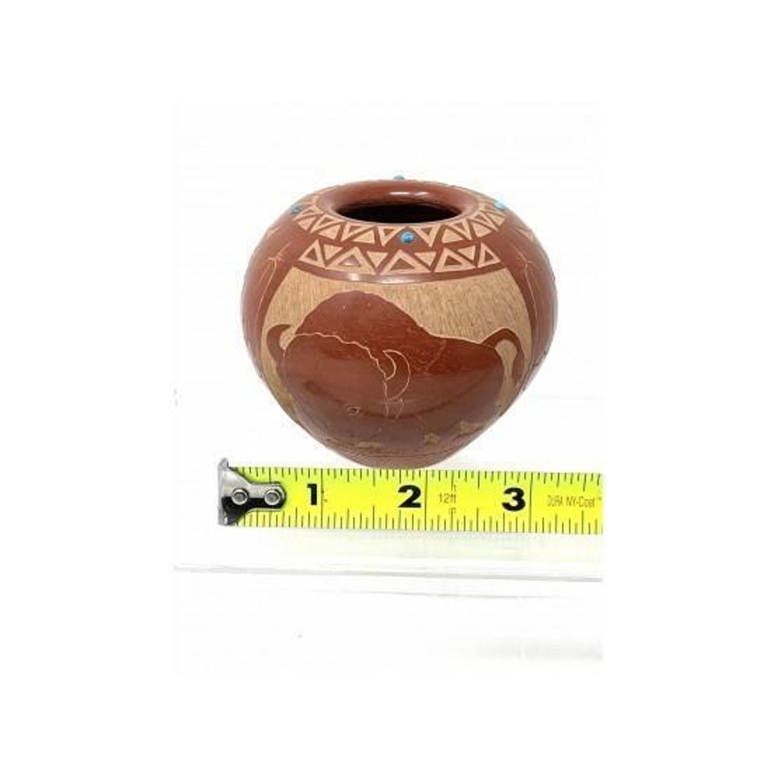 Stunning Native American Red Starr Sioux Buffalo Pottery Vase Turquoise Inlay