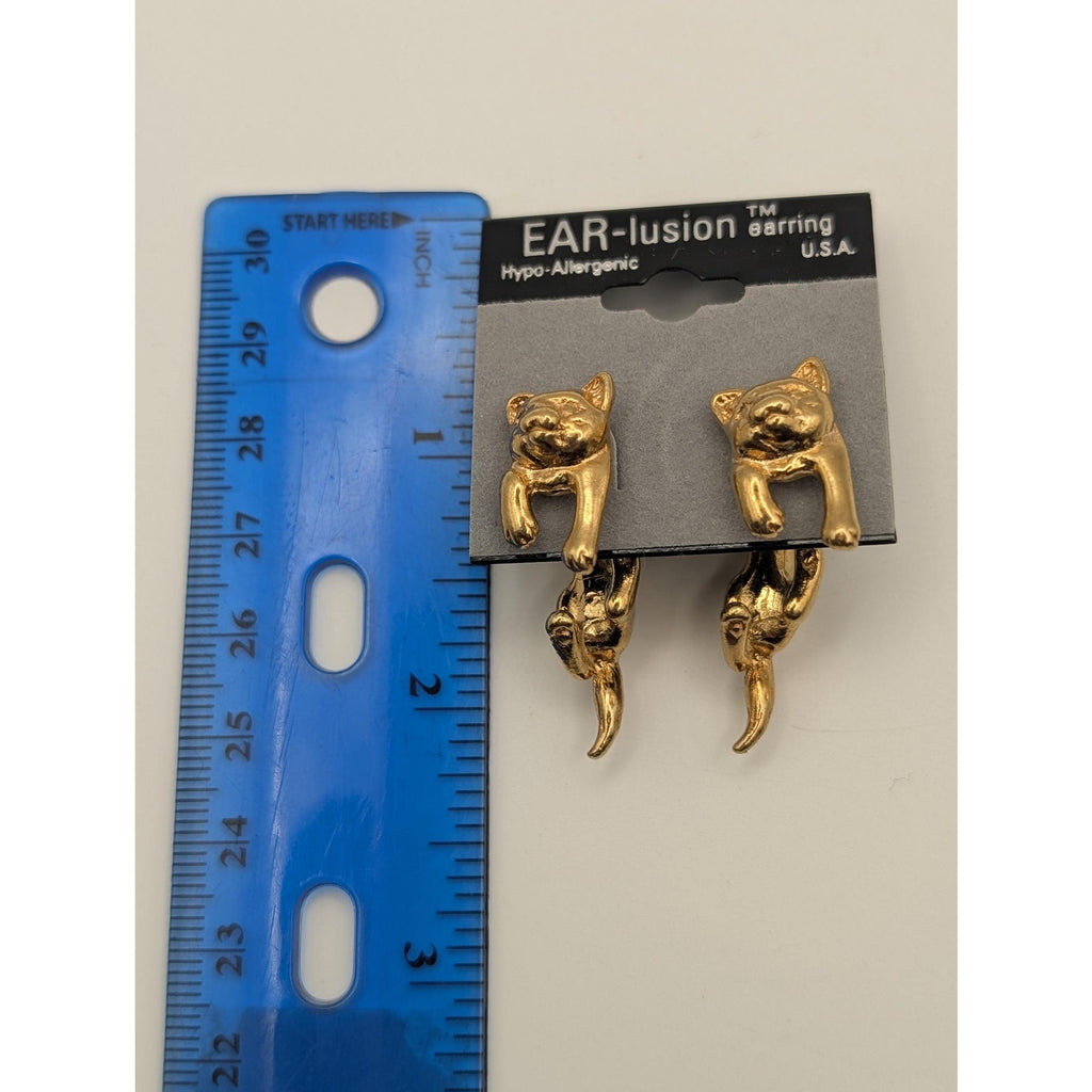 Vintage Gold Cat EAR-lusion Earrings - Whimsical Front and Back Illusion Studs