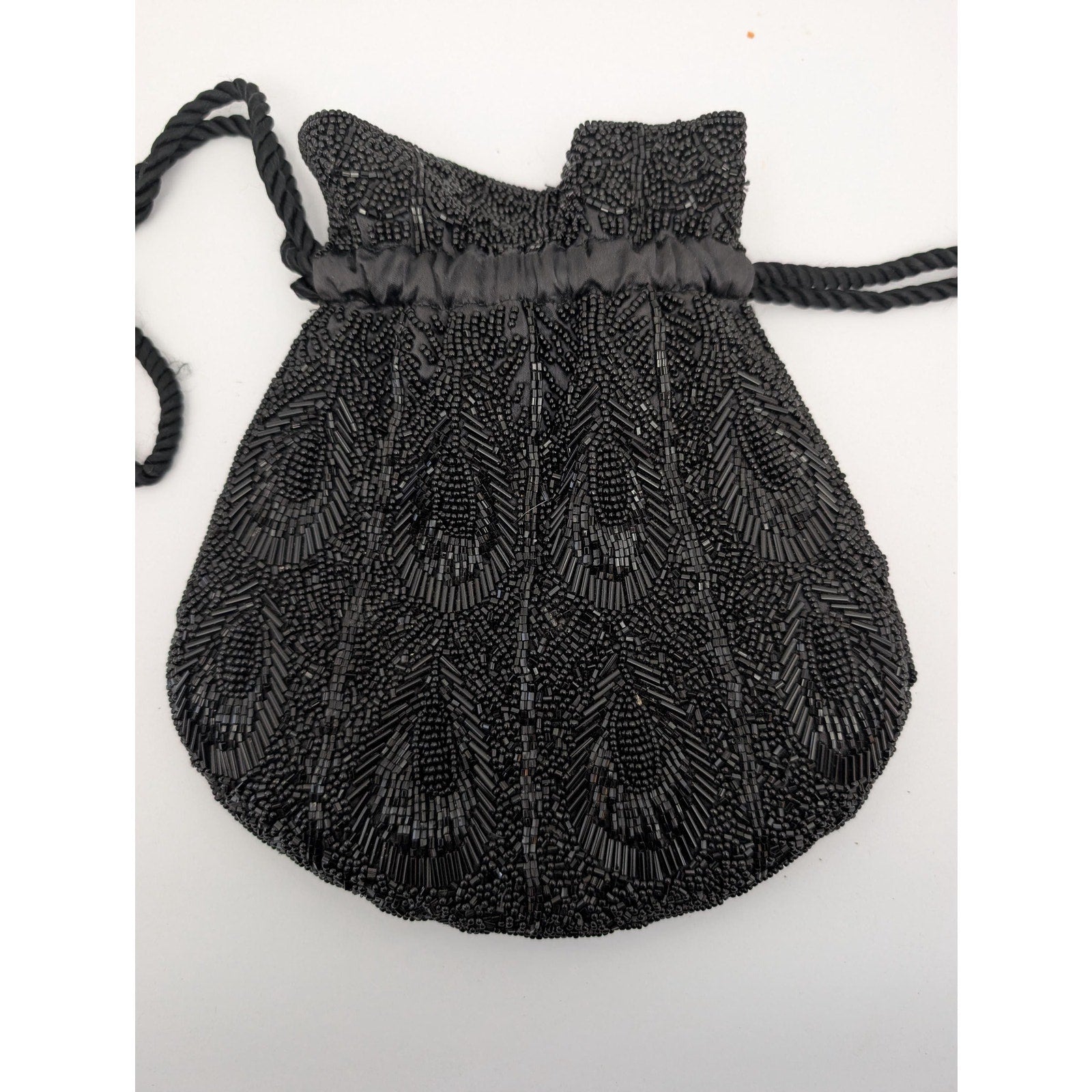 Vintage Black Beaded Drawstring Reticule Purse Handbag With Peacock Feather Pattern