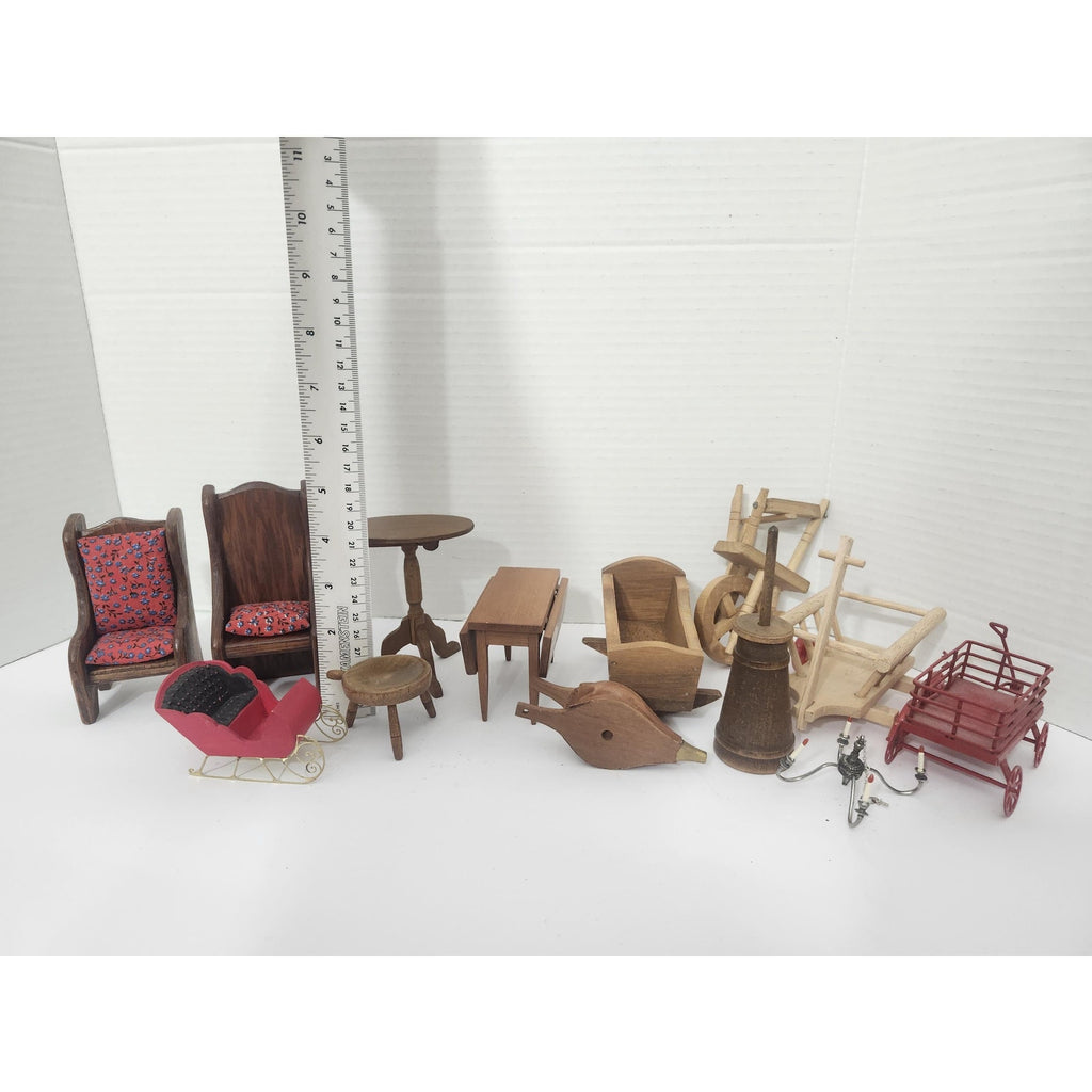 Vintage Miniature Dollhouse Furniture Lot Wood and Metal Pieces Sleigh Churn