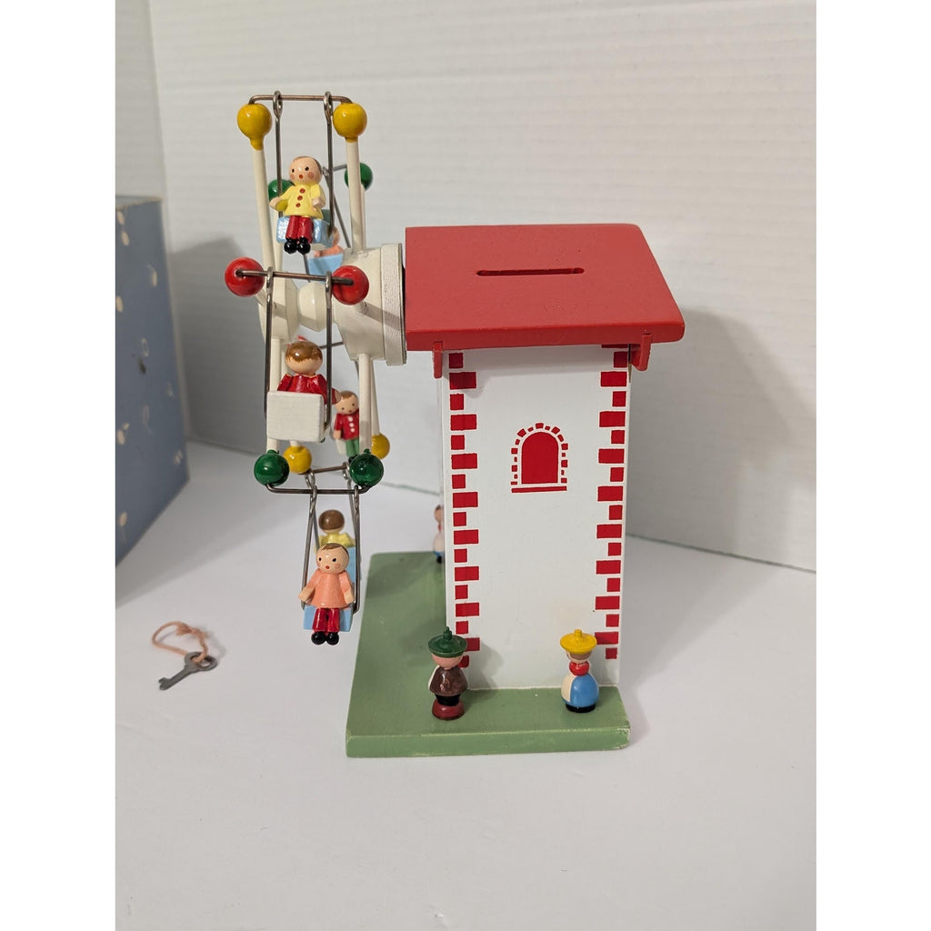Vintage Reuge Swiss Movement Wooden Musical Ferris Wheel Coin Bank Sing A Song Of Six Pence With Box