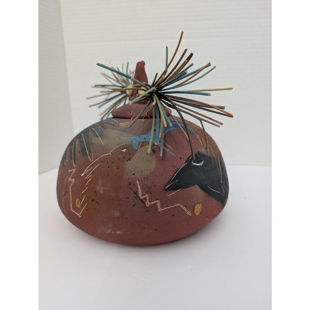 Laura Ross Studio Pottery Lidded Vessel Pine Needle Lid Raven Bird Motif Mixed Media Ceramic Jar Signed Art Pottery Southwest Decor