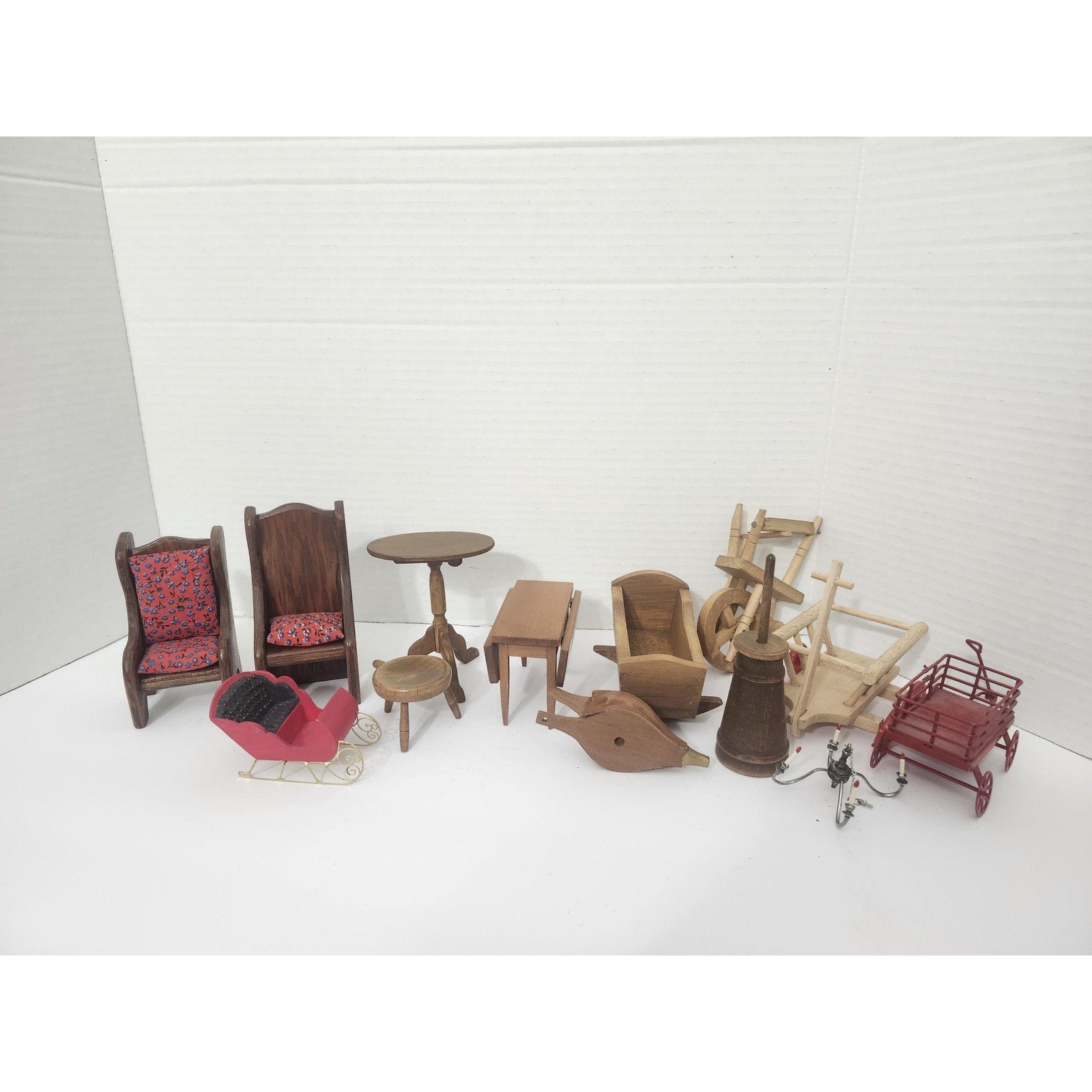 Vintage Miniature Dollhouse Furniture Lot Wood and Metal Pieces Sleigh Churn