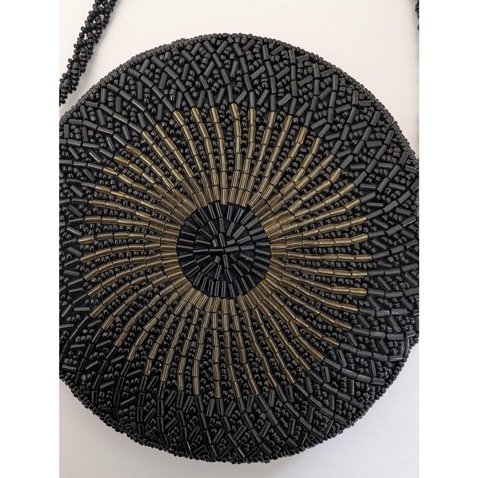 Vintage Round Beaded Crossbody Bag Black Sunburst Bugle Bead Evening Purse