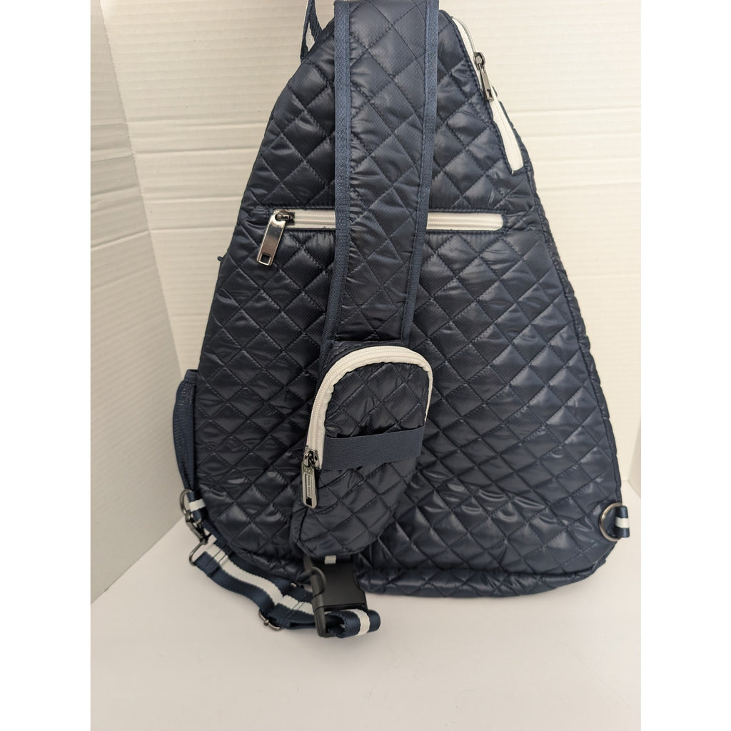 Oliver Thomas Navy Quilted Sling Backpack Dog Print Lining with Pouch