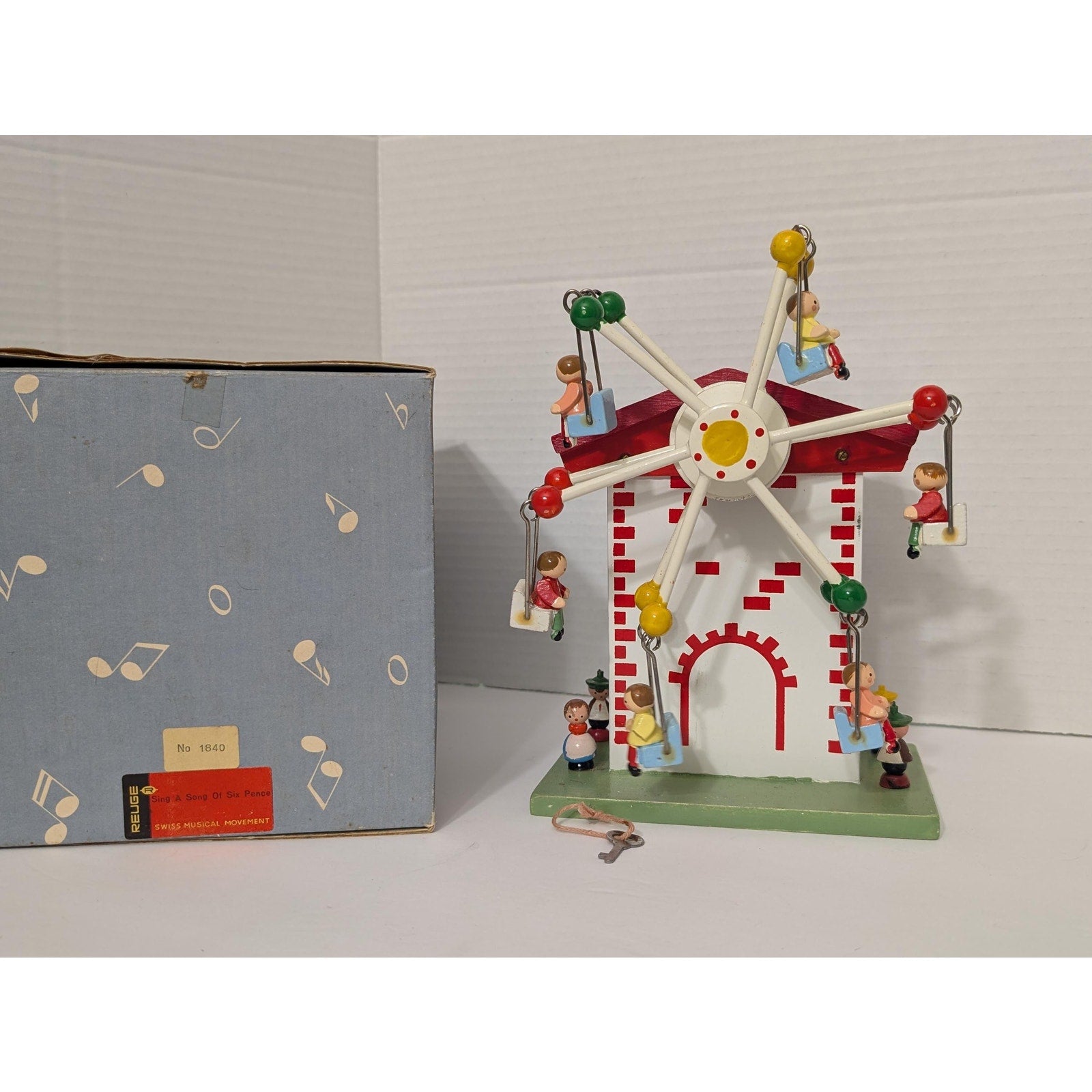 Vintage Reuge Swiss Movement Wooden Musical Ferris Wheel Coin Bank Sing A Song Of Six Pence With Box