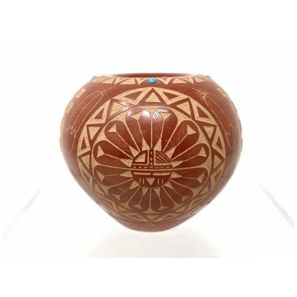 Stunning Native American Red Starr Sioux Buffalo Pottery Vase Turquoise Inlay
