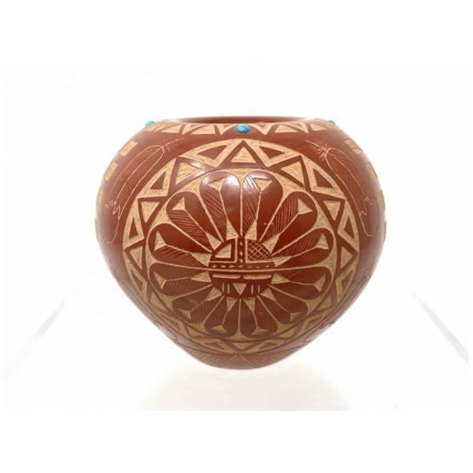 Stunning Native American Red Starr Sioux Buffalo Pottery Vase Turquoise Inlay