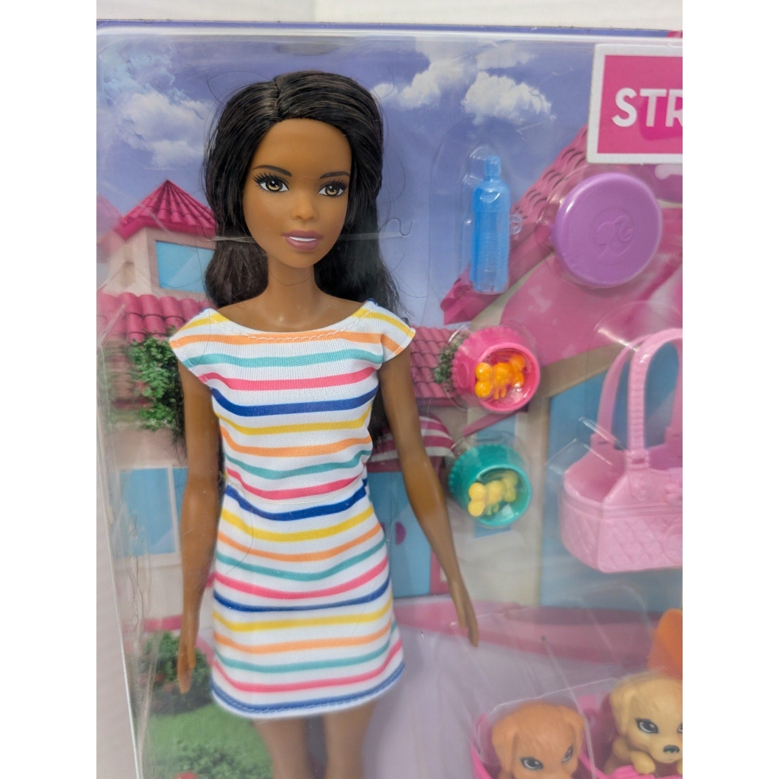 2019 Black Barbie Stroll & Play Pups Playset Doll Transforming Stroller 2 Pets