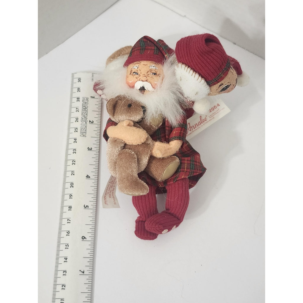 Vintage 2004 Annalee Mobilitee Christmas Plaid Santa with Deer Teddy Bear Doll